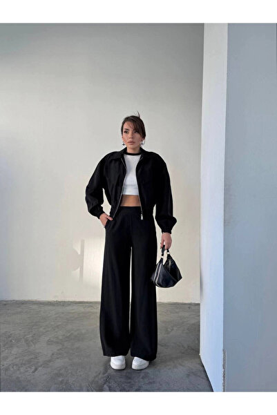 Diemmood Black Zippered Jacket & Wide-Leg Pants Women's Set