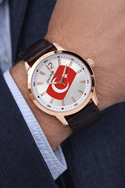 sonsuzsaat Kahverengi Deri Kordonlu Türk Bayrağı Detay Yetişkin Erkek Kol Saa...