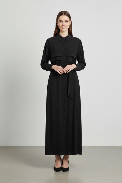 Puane Довга сукня з поясом і ґудзиками - 12668 - BLACK