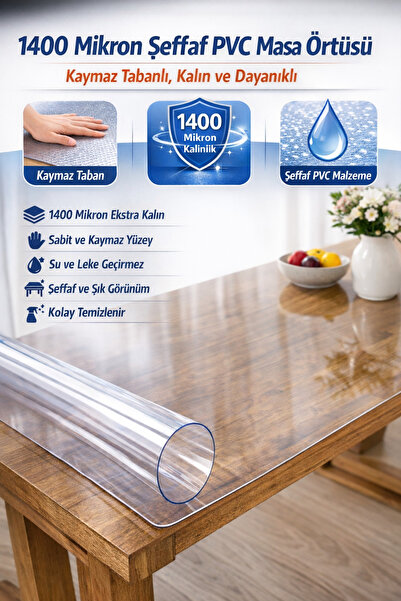 TECHTACT Pvc Şeffaf Kalın 1,4 mm Masa Örtüsü Kaymaz Taban, Tüm Ebatlar 1400 M...