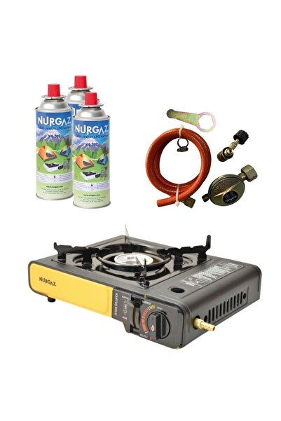 NURGAZ Tekli Portatif Ocak Tüp Girişli Siyah+Dedantör Set+220Gr 3 Adet