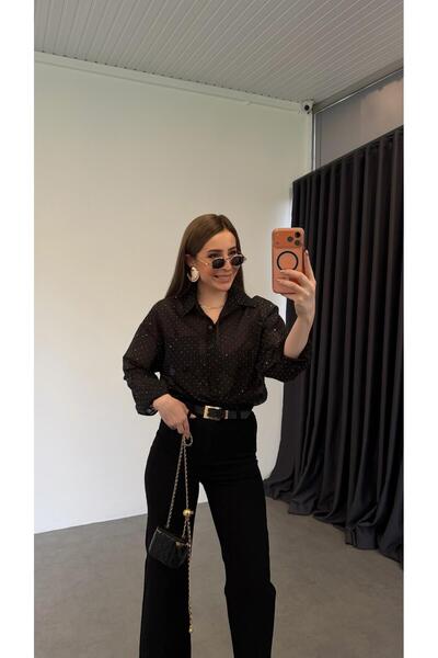 elif teke Taşlı Şık Gömlek Siyah