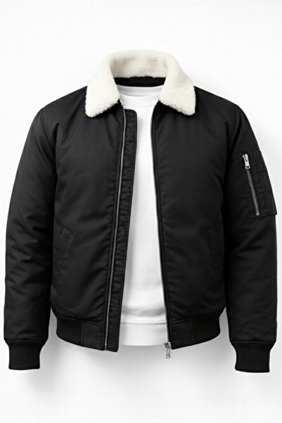 Gameyal Unisex Siyah Peluş Beyaz Yaka Oversize Bomber Ceket Kolej Ceket