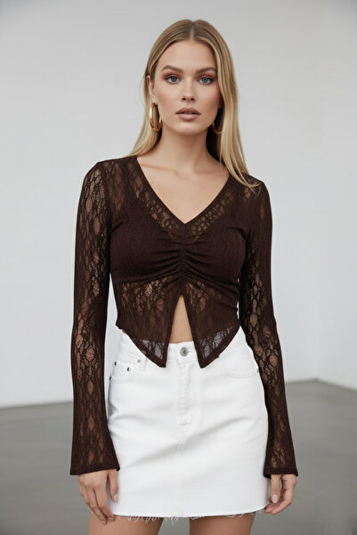 Safgiyim44 بلوزة دانتيل - بني