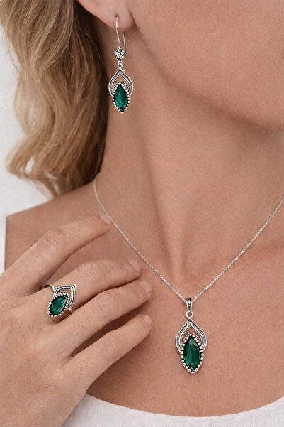 Mardinden 925 Ayar Gümüş Telkari Doğal Taşlı Set İnce İşçilik Küpe Kolye Yüzü...