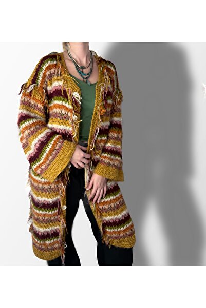 MODA El Örgüsü Çok Renkli Püskül Detaylı Yumuşak Hırka