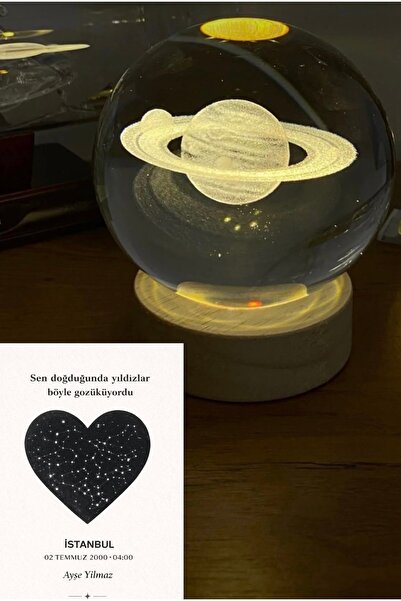 Popizones 3d Led Işıklı Ahşap Standlı Cam Satürn Gezegen Küre Dolunay Lamba K...