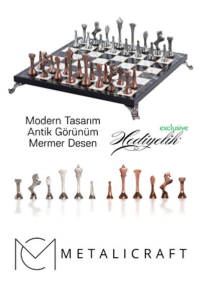 Metalicraft MC54 - Metal Satranç Takımı - 25cm Mermer Desenli Satranç Tahtası...