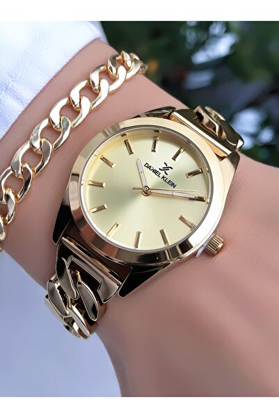 Daniel Klein Kadın Kol Saati Gold Renk Çelik Zincir Kordon - Bileklik Hediyeli