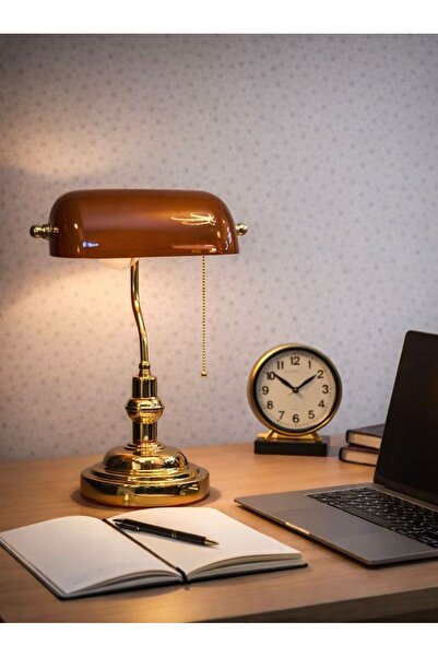 MARS CONCEPT RETRO BANKER OFİS MASA LAMBASI - KAHVERENGİ CAM , METAL GÖVDE