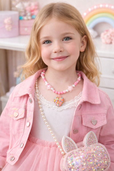 Yağmur Kız Çocuk Kalpli Boncuk Kolye Pembe İnci Detaylı Sevimli Çocuk Kolyesi...