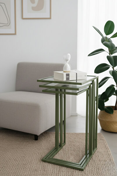 DEKOPRATİK Ibiza Üçlü C Zigon Sehpa Takımı Şeffaf Camlı Mint Yeşili