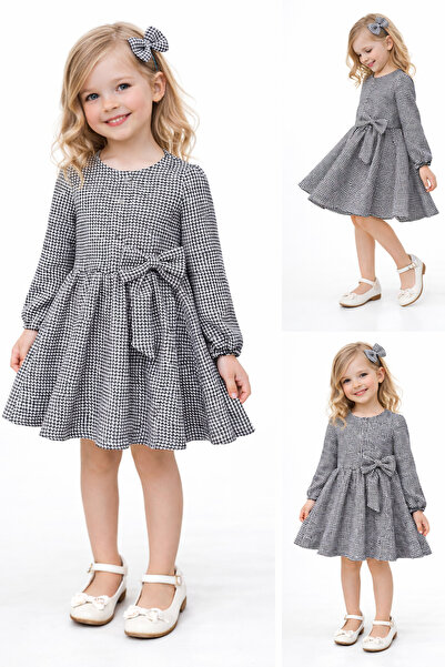 MODA Kazayağı desen kız çocuk elbise fiyonklu