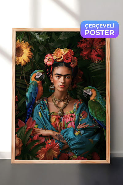 Zestia Ahşap Çerçeveli Tablo, Frida Kahlo Portre, Salon Dekoru Poster No: 112021