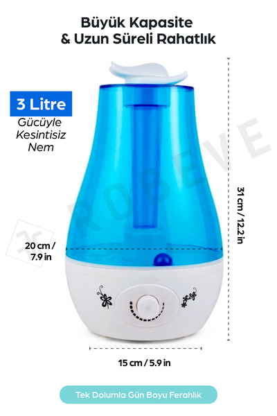 ROBEVE 3 Litre Ultrasonik Buhar Makinesi Hava Nemlendirici Buhar Makinesi Ayarlanabilir Sprey Çıkışı