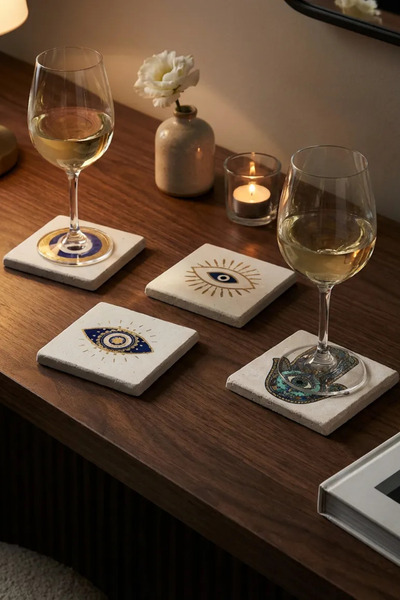 Baumatelier Eye, Hamsa, Evil Eye Bead Natural Stone Travertine Coasters Set of 4