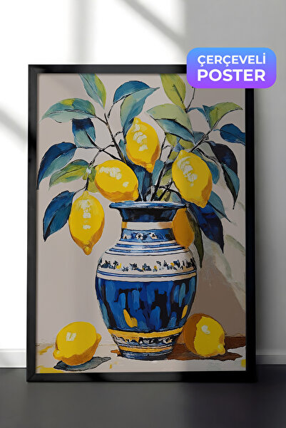 Zestia Siyah Çerçeveli Tablo, Limonlu Vazo – Canlı Renkler, Mutfak Dekoru Pos...