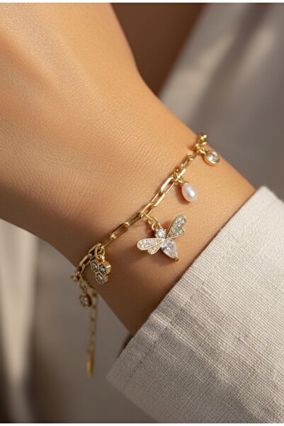FİRST JEWELRY İnci Detay Charmlı Gold Zirkon Taşlı Kadın Bileklik