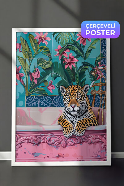 Zestia Beyaz Çerçeveli Tablo, Leopar, Çiçekli Duvar Kağıdı, Dijital Sanat Pos...