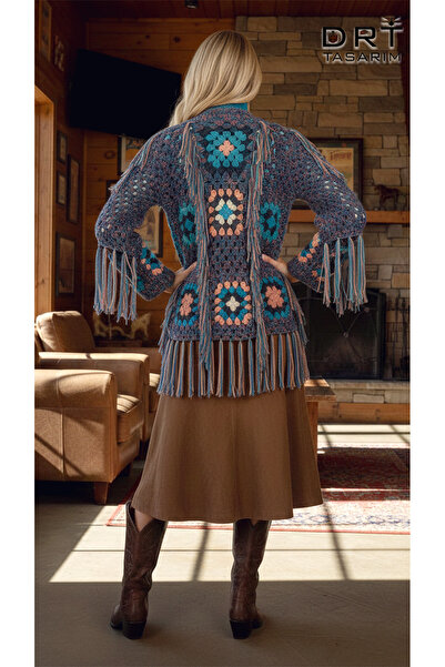 drt tasarım Tasseled Western Country Ranchos Cardigan and Hat Set