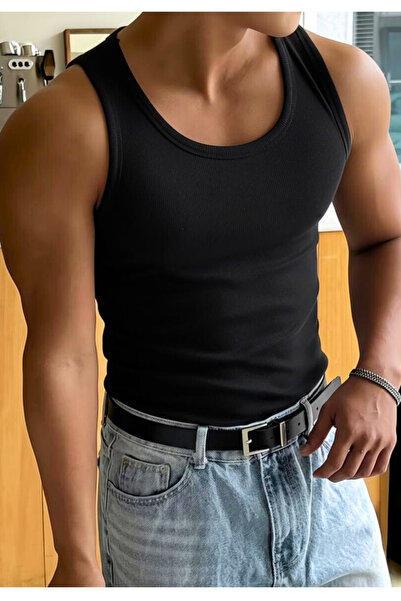 Riowela Erkek Sporcu Atlet Halter Yaka Likralı Pamuklu Siyah Atlet