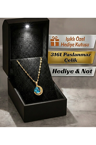 RARİ AKSESUAR قلادة من الفولاذ المقاوم للصدأ 316L على شكل كوكب أزرق مع صندوق ...