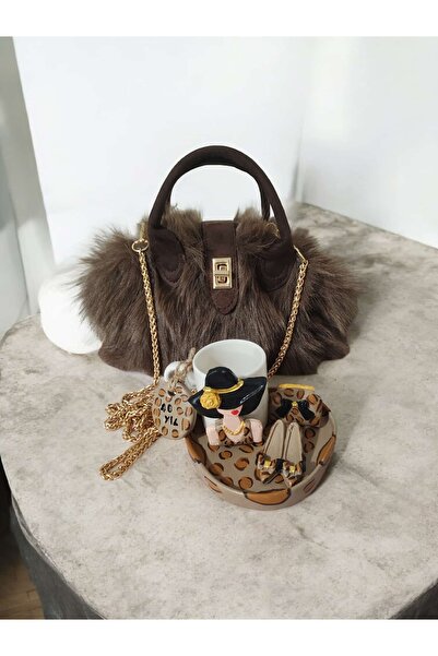 RivelCandle Women's Fur Detailed Mini Bag & Leopard Design Decorative Cup Set...