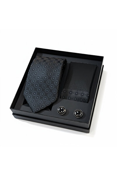 CROATE Premium Gentleman Tie Set |   Black Patterned Tie, Handkerchief and Cu...