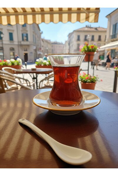 SAMSA Porselen Çay Tabağı Porselen Kaşık Altın Işleme Cam Incebelli Bardak 6 ...