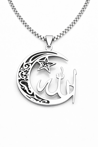 DeNors قلادة فضية من الفولاذ المقاوم للصدأ بطول 60 سم مع كتابة الله باللغة ال...
