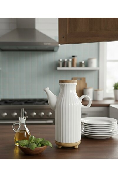 EmayeBurada Bambu Altlıklı Porselen Yağ & Sirkelik 1000 ml - Mutfak Tezgah Üs...
