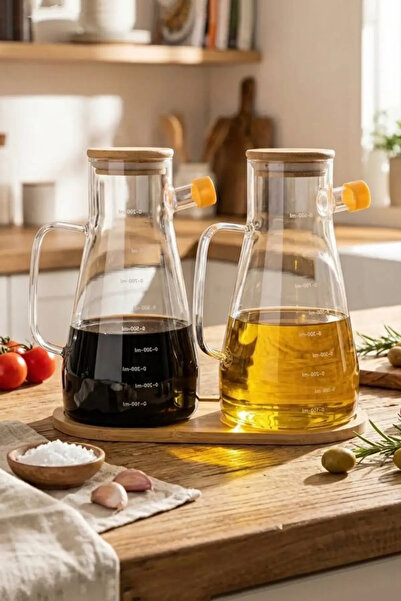 Tilbe Home Büyük Boy Bambu Kapaklı Vakumlu Borosilikat 3'lü Set Cam Yağlık Si...