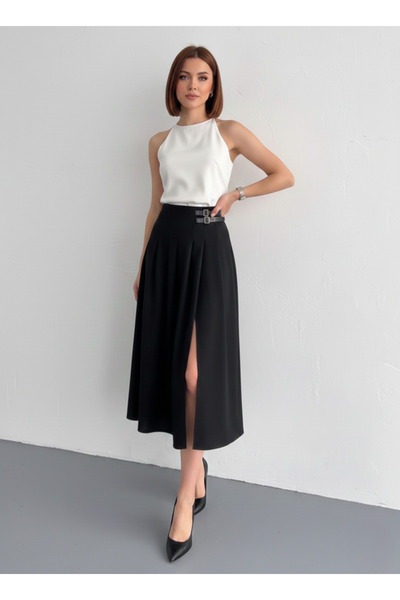 MAİMODA تنورة شق ذات خصر عالٍ ومزينة بمشبك مطوي