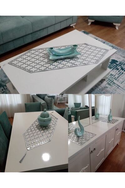 KEÇECİ ŞEYDA Gümüş Deri Salon Takımı ( 1 Masa Runner 1 Orta Sehpa Runner 2 Pe...