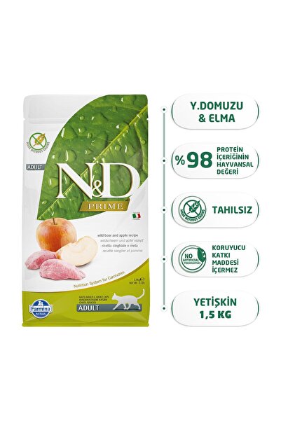 N&D Tahılsız Yaban Domuzu Etli ve Elmalı Yetişkin Kedi Maması 1.5 Kg