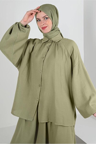 TRENDTESETTÜR KADIN HAKİ (A.HAKİ) MANŞETLERİ LASTİKLİ ETEKLİ MÜSLİN TAKIM T 2...