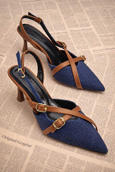 AYENDE MODA Blugi bleumarin Denim cu vârf ascuțit, cu cataramă închisă, panto...