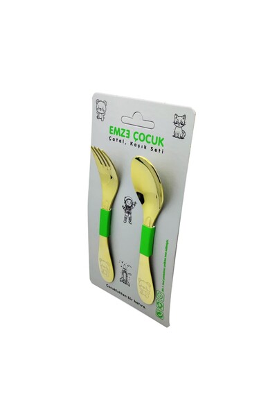 emze çocuk Paslanmaz Çelik Çocuk Çatal Kaşık Seti Titanyum Kaplama Ayıcık Des...