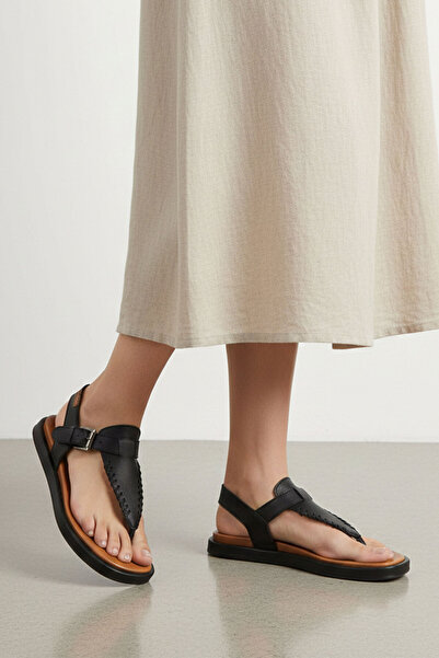 Deriderim Sandale de vară pentru damă - piele naturală neagră, șlapi, curea d...