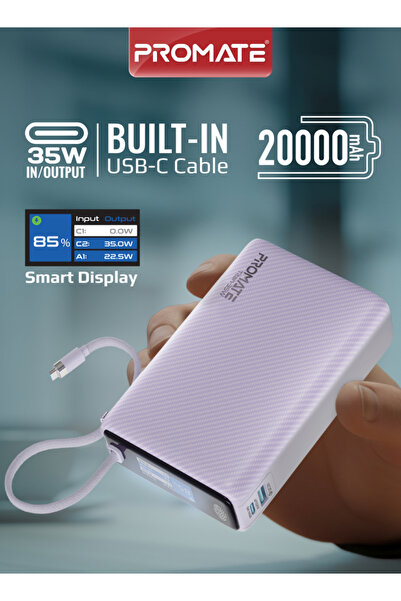 Promate 20000mAh Power Bank with Built-in USB-C Cable, 35W PD Fast Charging