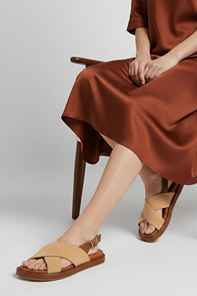 Deriderim Sandale de vară pentru damă - talpă din piele întoarsă mustarda, pi...