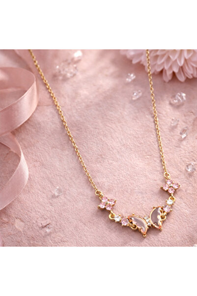 ZEYNEP KARACA Soft Pembe Taşlı Kelebek Model Çelik Kolye – Romantik Tasarım-K...