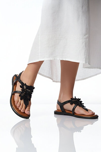 Deriderim Women's Sandals - Black Genuine Suede, Floral, Flip Flop Sole, Brow...