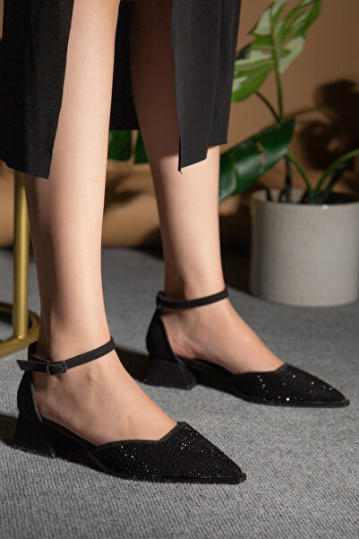 bakacstore Kadın Siyah Parlak Taşlı Süet Kumaş Kısa Topuklu Ayakkabı