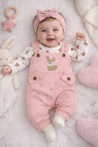 bebekyol Tavşan Nakışlı Kız Bebek Tulum