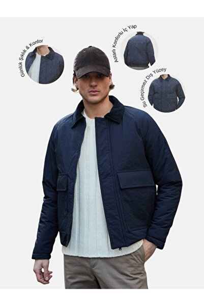 Danger Jachetă impermeabilă matlasată bleumarin cu guler contrastant