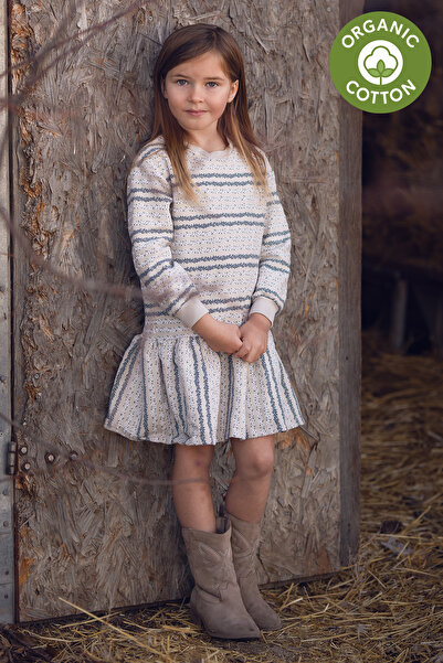 Antebies Organik Krem Lacivert Dikey Çiçek Desenli Volanlı Uzun Kollu Kız Çoc...