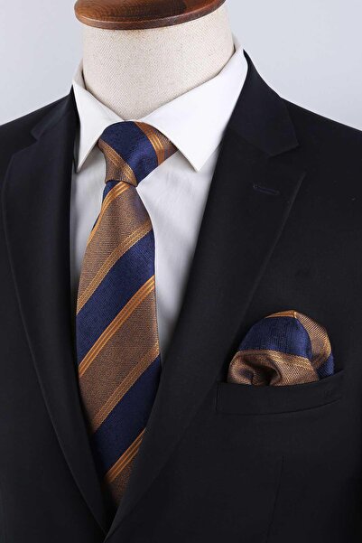 Kravatkolik Sarı - Lacivert Çizgi Desen Mendilli Klasik Kravat KK13145