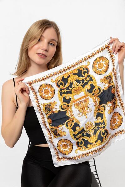 Saria Moda Bandana albă cu model auriu