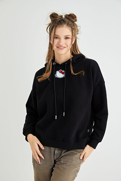 Hello Kitty Lisanslı Baskılı Kapüşonlu Kalın Sweatshirt